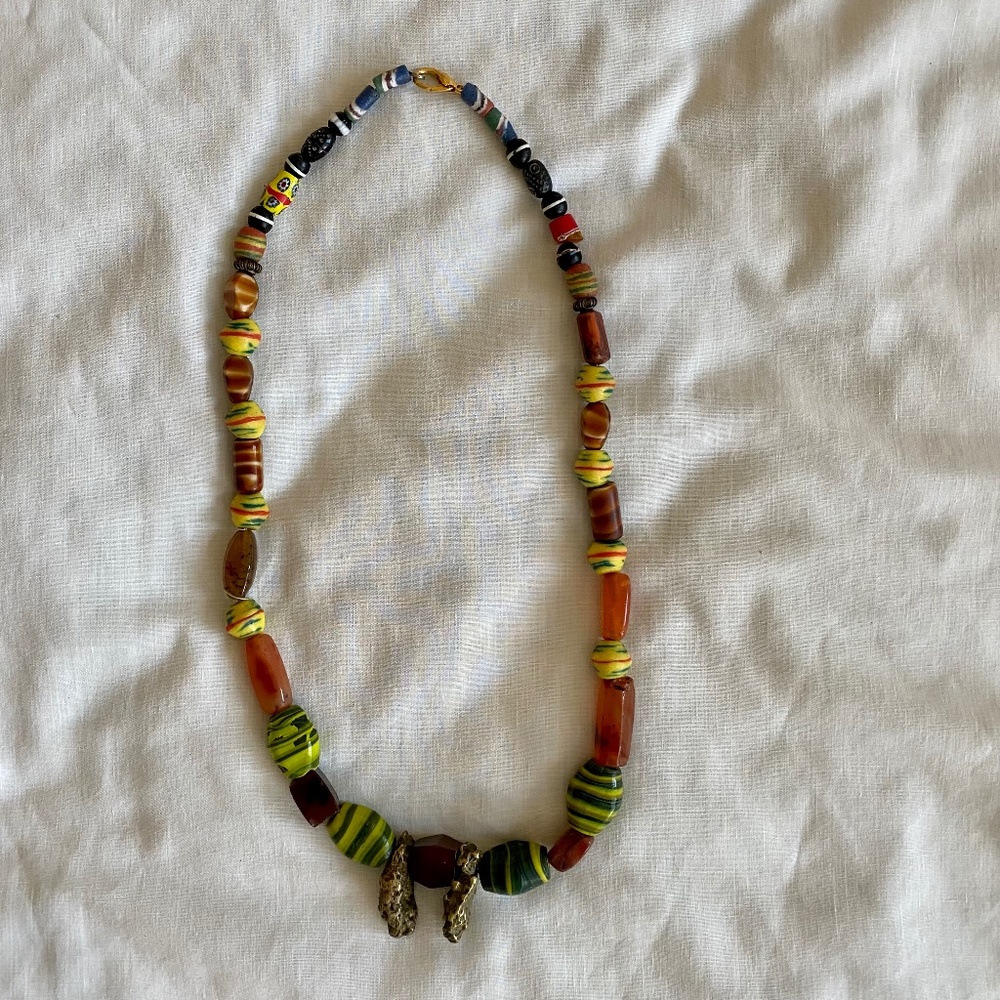 African  Trading Beads Necklace with Amber & Brass